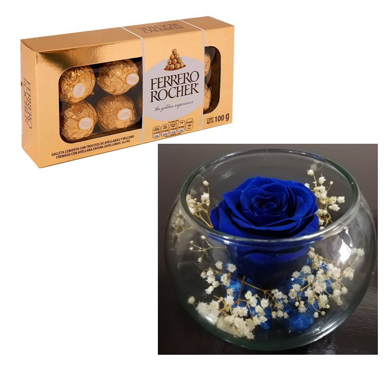 Rosa Preservada en Pecera y Bombones Ferrero Rocher  100 Grs